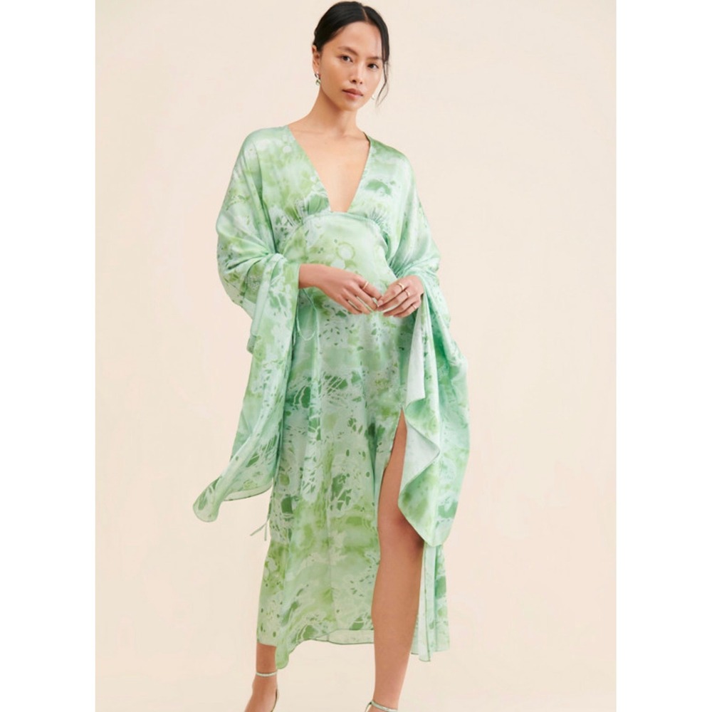 Anthropologie Let Me Be Midas Midi Dress Green Abstract Ruched Sleeve Boho Flowy